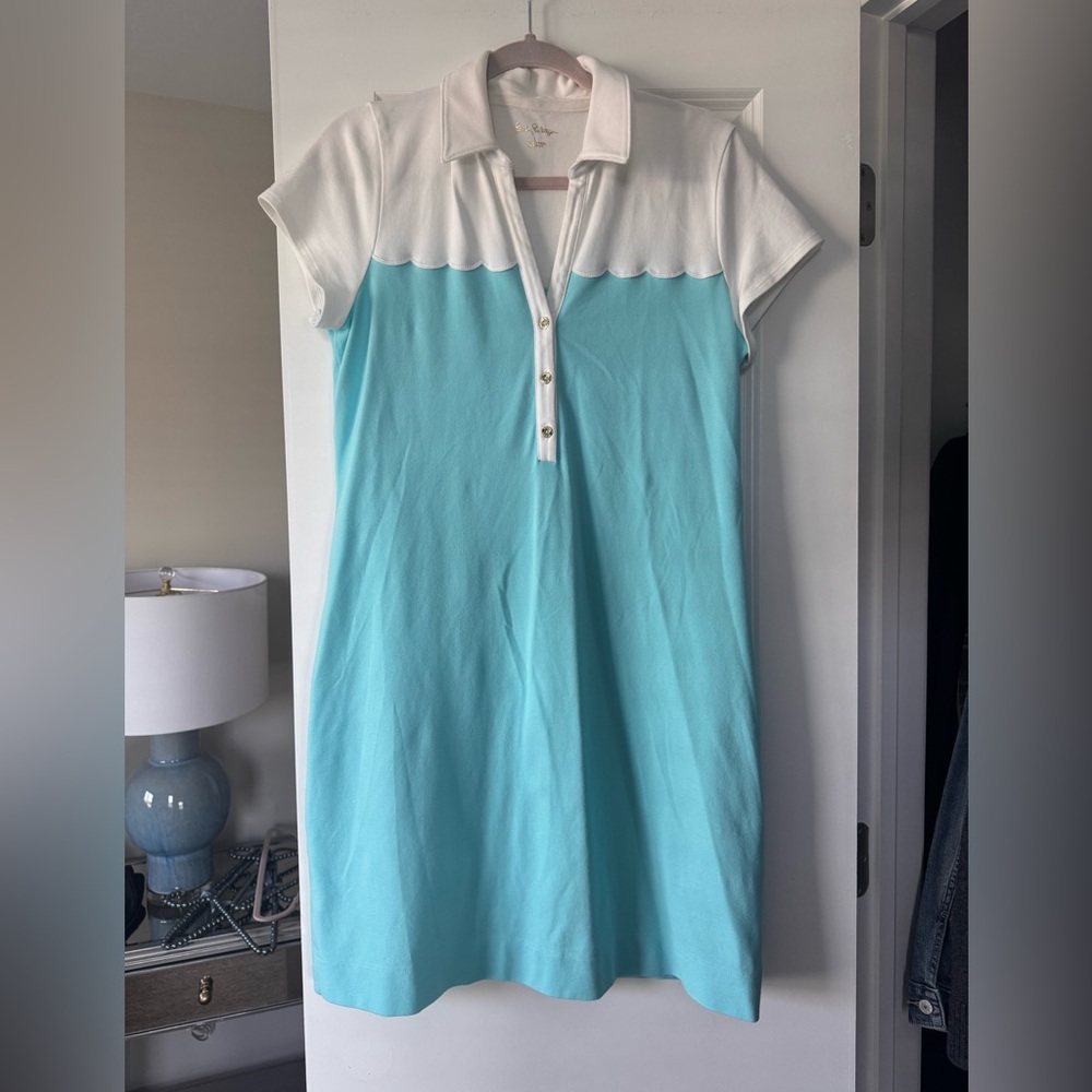 Lilly Pulitzer White & Aqua Scallop Polo Midi Dress Size Large